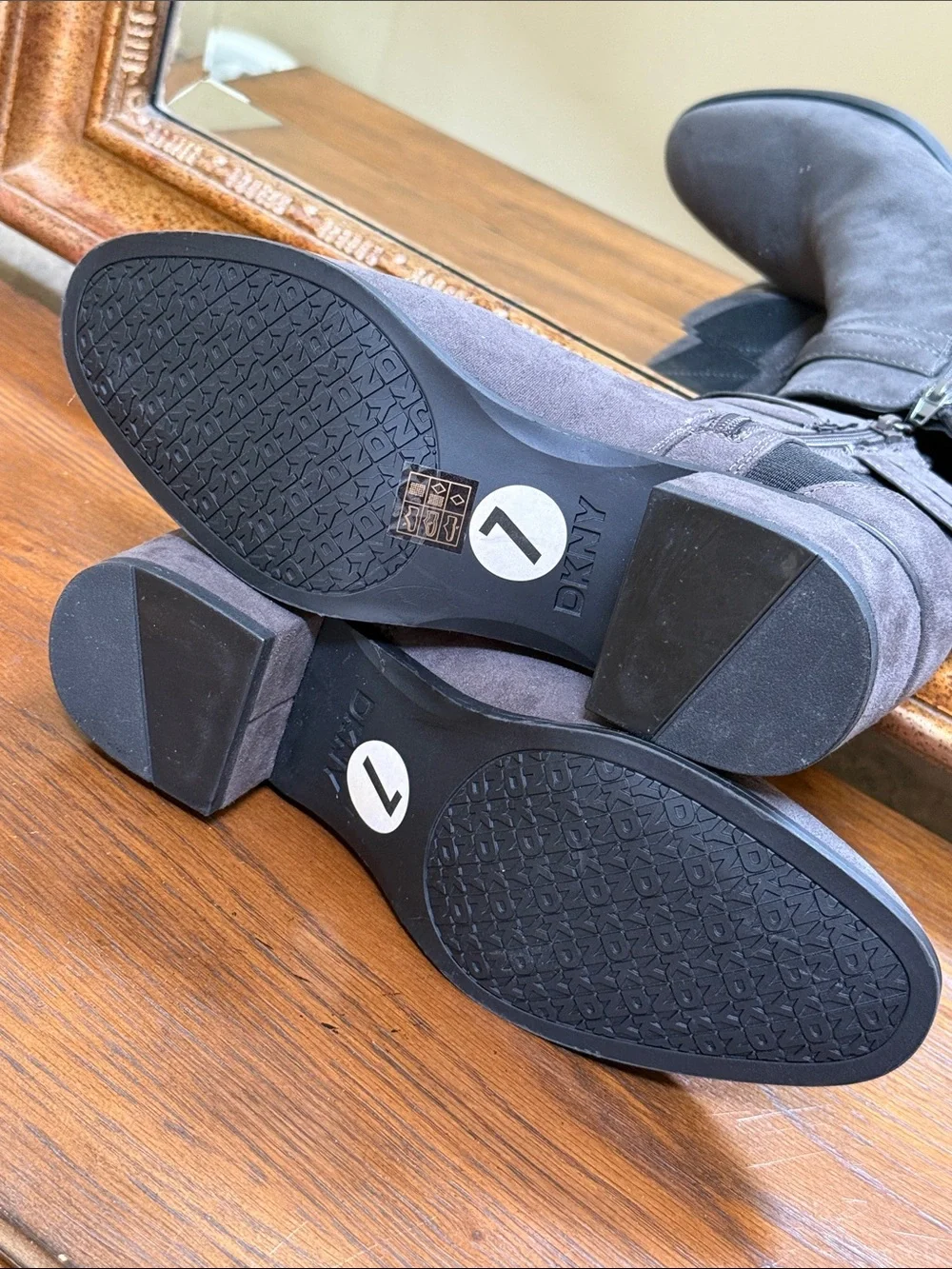 DKNY Gray Suede Ankle Booties with Logo strap accents. Size 7.